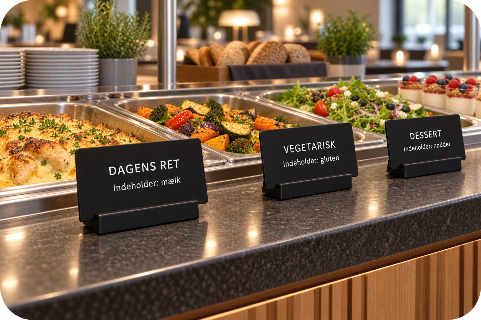 Eksempel på sorte buffetskilte med hvid tekst placeret ved forskellige retter