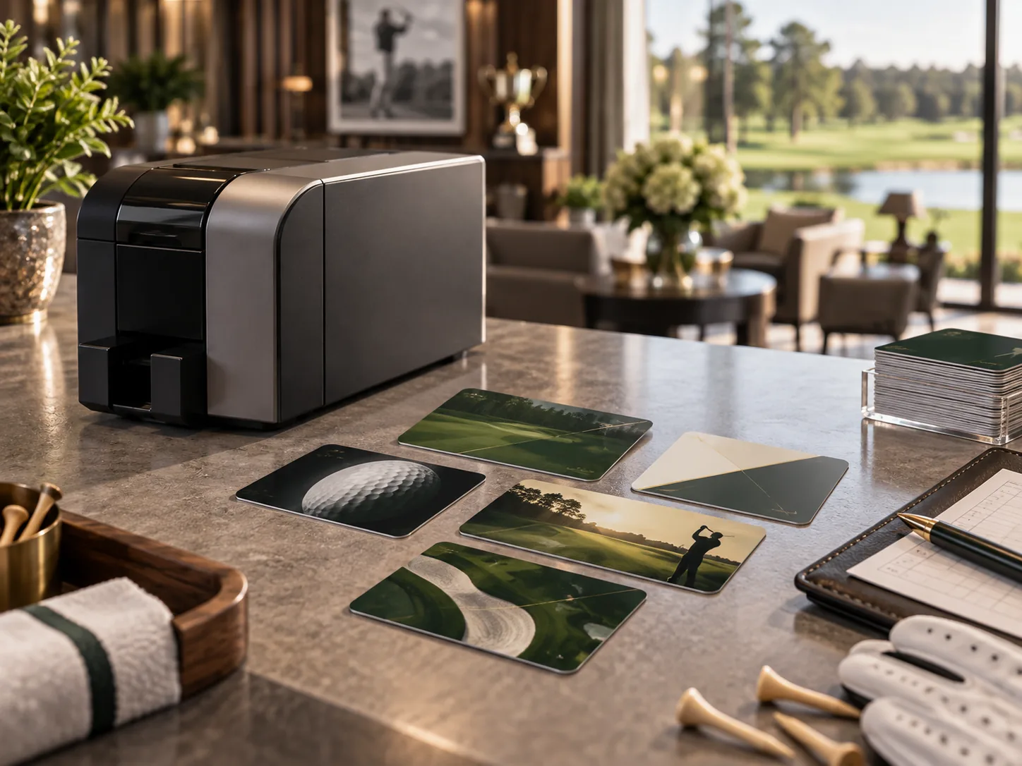 Plastkortprinter og forskellige golfkort i golfklubbens reception